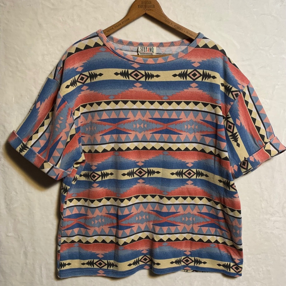 Stefano‎ International Vintage 90s Southwestern Ribbed Knit Boxy Shirt Blue XL